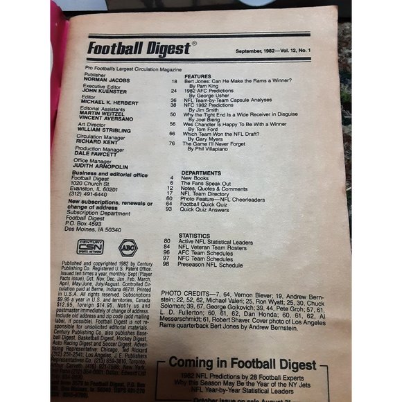 Football Digest Magazine September 1982 Bert Jones Los Angeles Rams - Picture 2 of 2